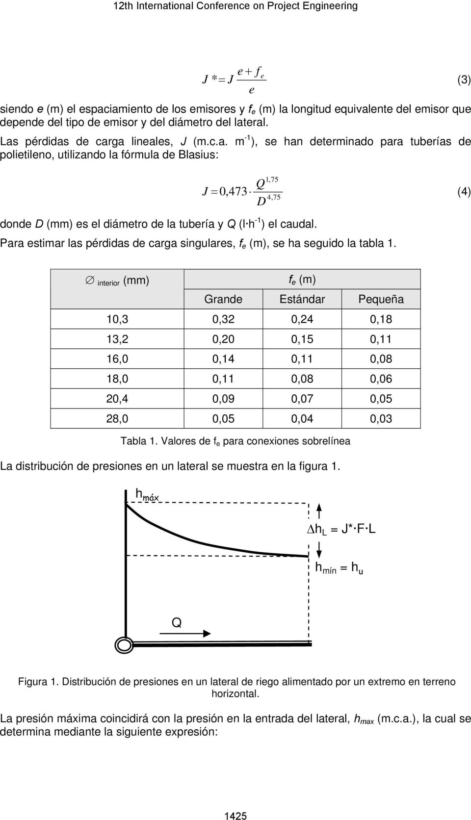 1,75 Q J = 0,473 (4) 4,75 D Para estimar las pérdidas de carga singulares, f e (m), se ha seguido la tabla 1.