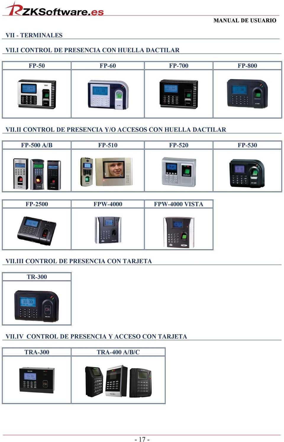 II CONTROL DE PRESENCIA Y/O ACCESOS CON HUELLA DACTILAR FP-500 A/B FP-510 FP-520