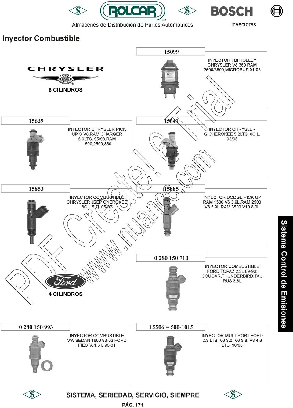 7L 05-07 INYECTOR DODGE PICK UP RAM 1500 V6 3.9L,RAM 2500 V8 5.9L,RAM 3500 V10 8.0L 0 280 150 993 0 280 150 710 15506 = 500-1015 INYECTOR COMBUSTIBLE FORD TOPAZ 2.