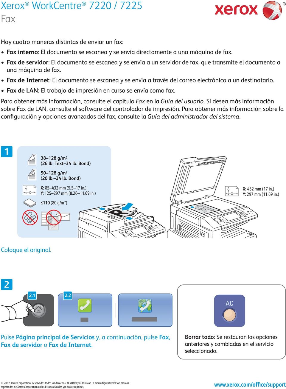 Fax de Internet: El documento se escanea y se envía a través del correo electrónico a un destinatario. Fax de LAN: El trabajo de impresión en curso se envía como fax.
