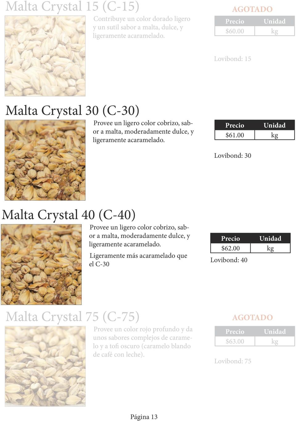 00 kg Lovibond: 30 Malta Crystal 40 (C-40) Provee un ligero color cobrizo, sabor a malta, moderadamente dulce, y ligeramente acaramelado.