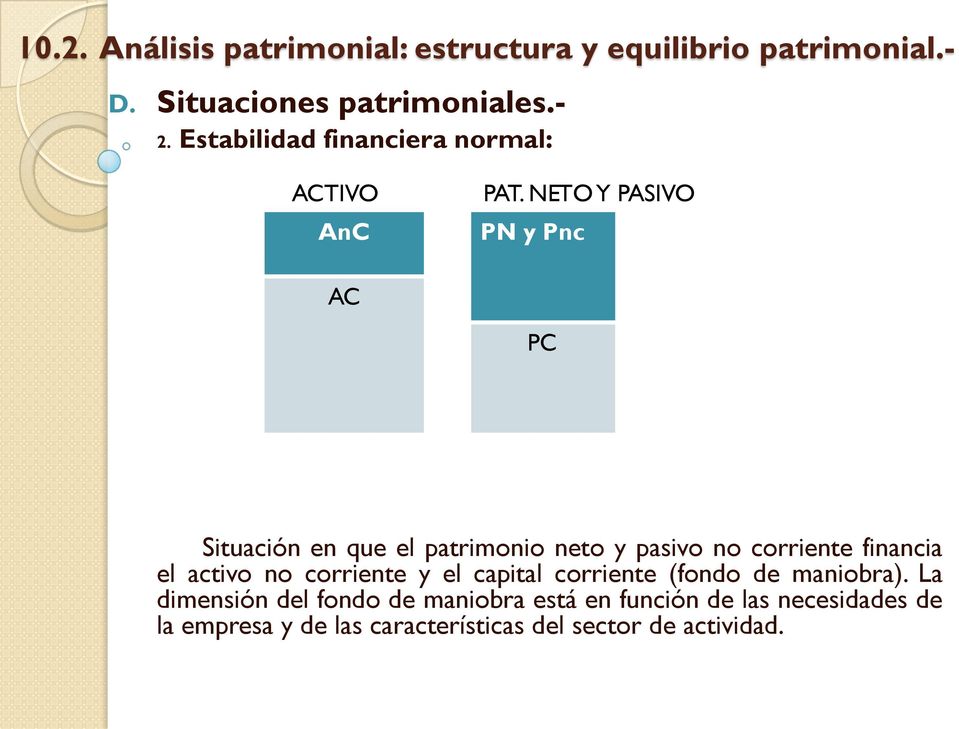 NETO Y PASIVO PN y Pnc AC PC Situación en que el patrimonio neto y pasivo no corriente financia el activo no