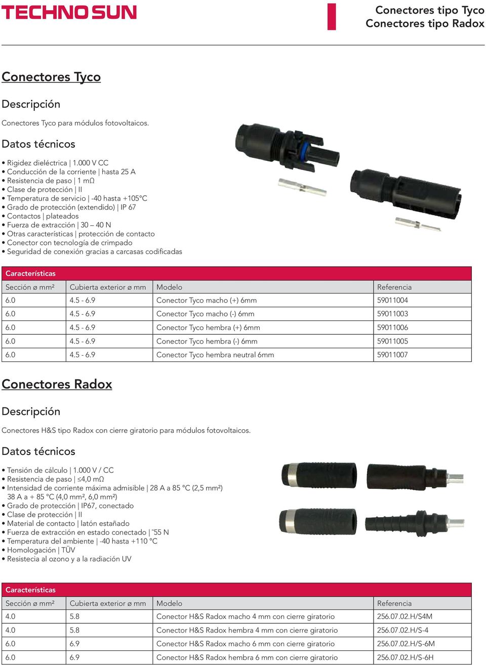 Otras características protección de contacto Conector con tecnología de crimpado Seguridad de conexión gracias a carcasas codificadas 6.0 4.5-6.9 Conector Tyco macho (+) 6mm 59011004 6.0 4.5-6.9 Conector Tyco macho (-) 6mm 59011003 6.