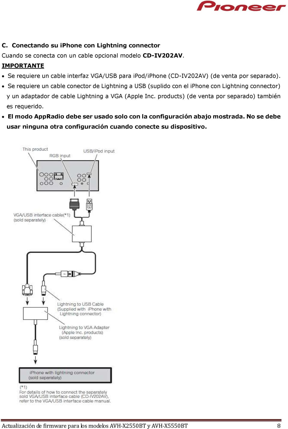 Se requiere un cable conector de Lightning a USB (suplido con el iphone con Lightning connector) y un adaptador de cable Lightning a VGA (Apple Inc.