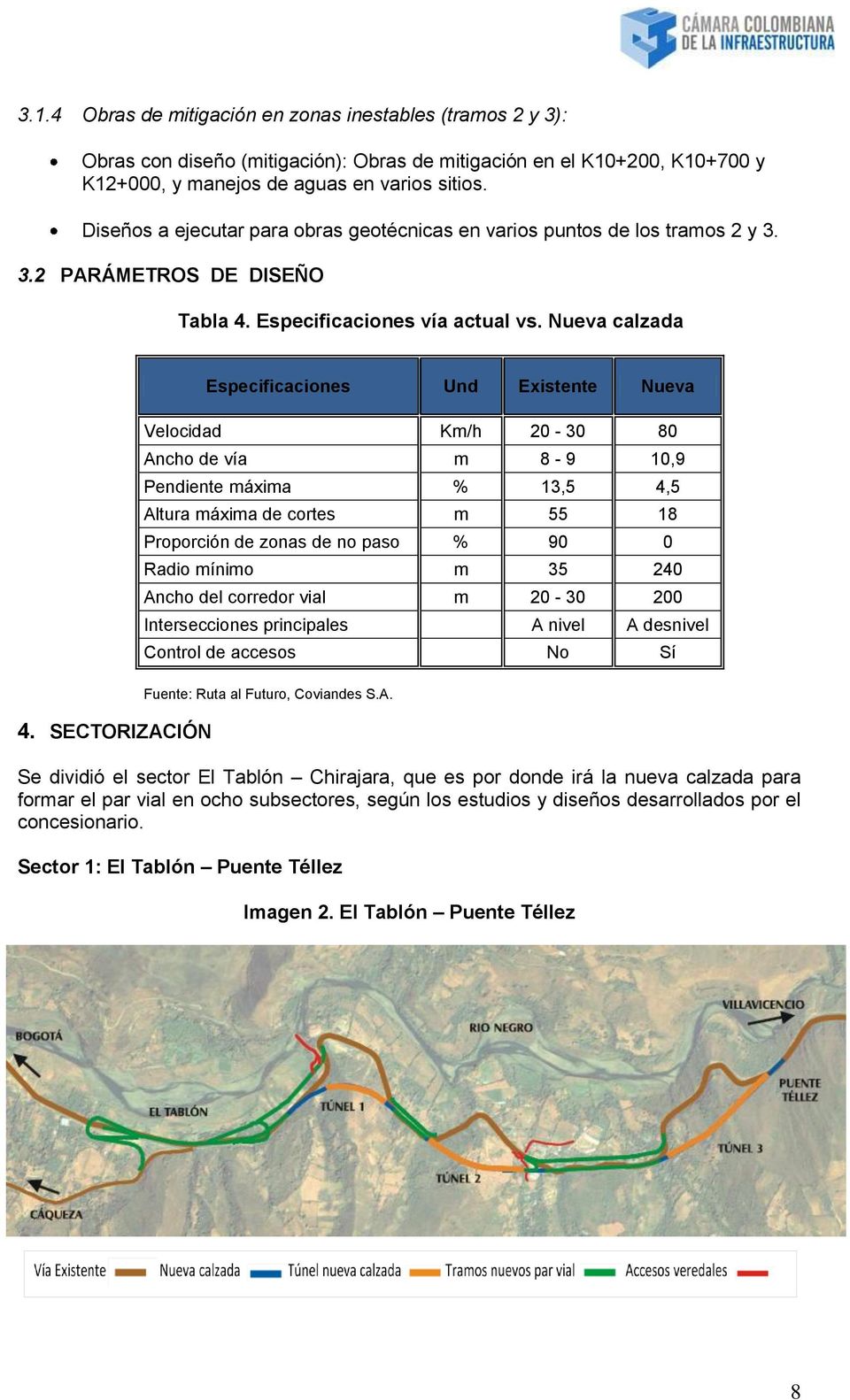 SECTORIZACIÓN Especificaciones Und Existente Nueva Velocidad Km/h 20-30 80 Ancho de vía m 8 -.