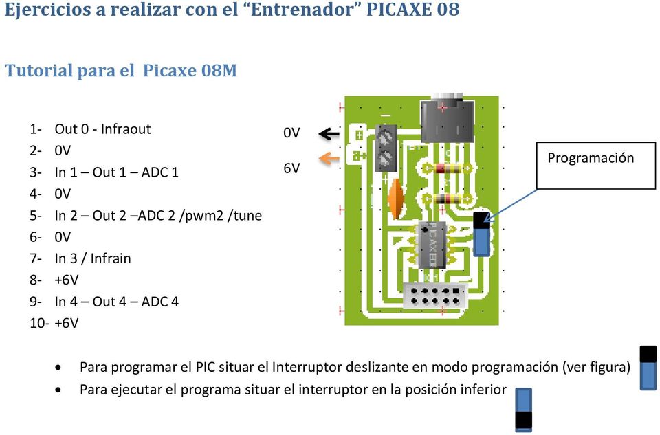 Out 4 ADC 4 10- +6V 0V 6V Programación Para programar el PIC situar el Interruptor deslizante en