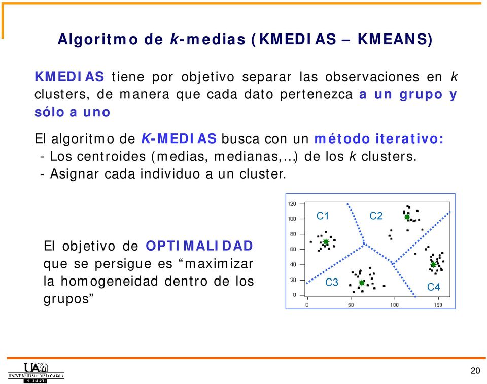 método iterativo: - Los centroides (medias, medianas, ) de los k clusters.