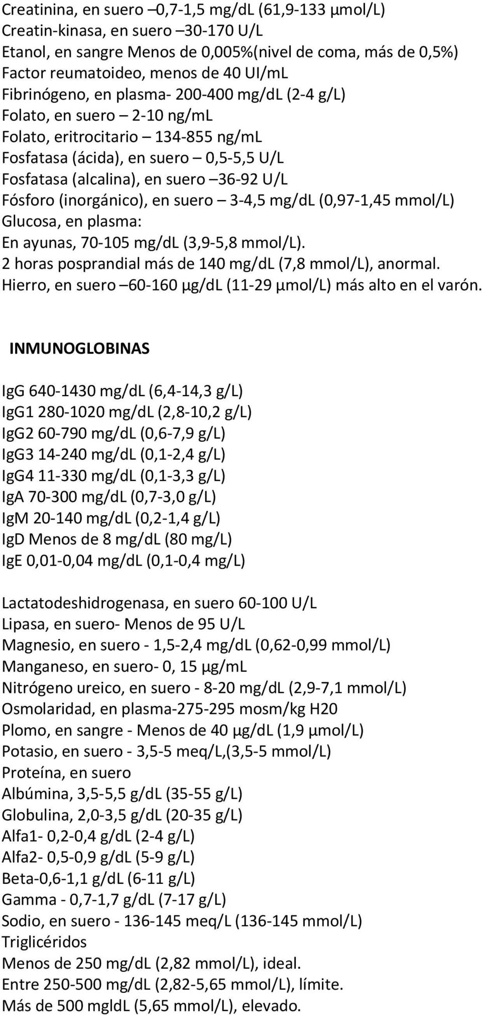 Fósforo (inorgánico), en suero 3-4,5 mg/dl (0,97-1,45 mmol/l) Glucosa, en plasma: En ayunas, 70-105 mg/dl (3,9-5,8 mmol/l). 2 horas posprandial más de 140 mg/dl (7,8 mmol/l), anormal.