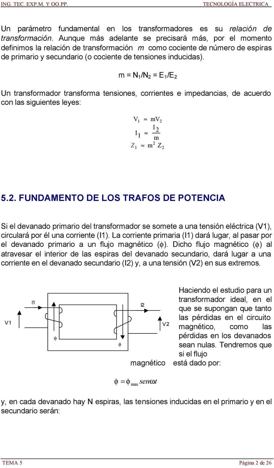 m = N /N = E /E Un transformador transforma tensiones, corrientes e impedancias, de acuerdo con las siguientes leyes: V mv I I m m Z Z 5.