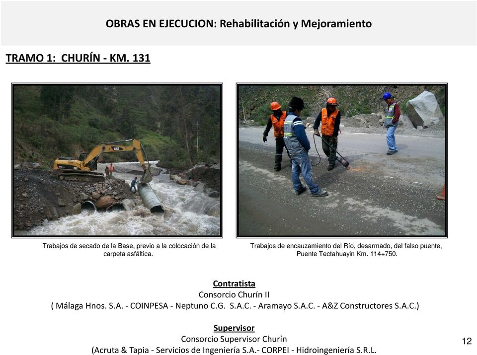 Trabajos de encauzamiento del Río, desarmado, del falso puente, Puente Tectahuayin Km. 114+750.