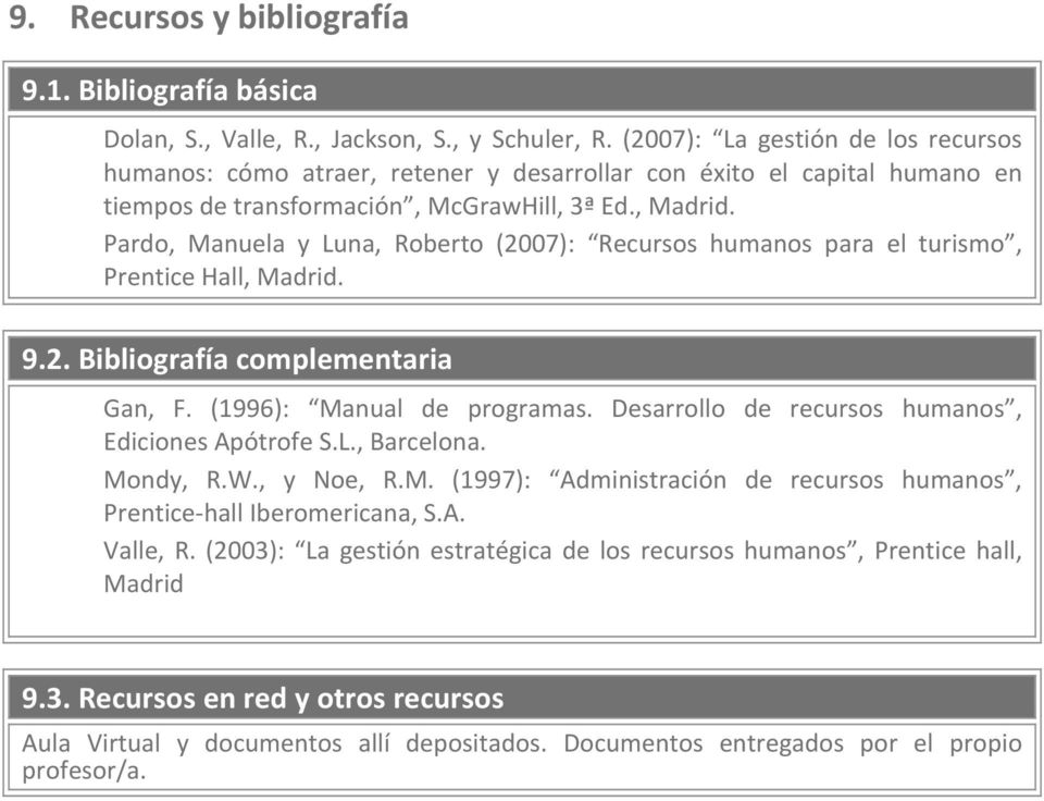 Pardo, Manuela y Luna, Roberto (2007): Recursos humanos para el turismo, Prentice Hall, Madrid. 9.2. Bibliografía complementaria Gan, F. (1996): Manual de programas.