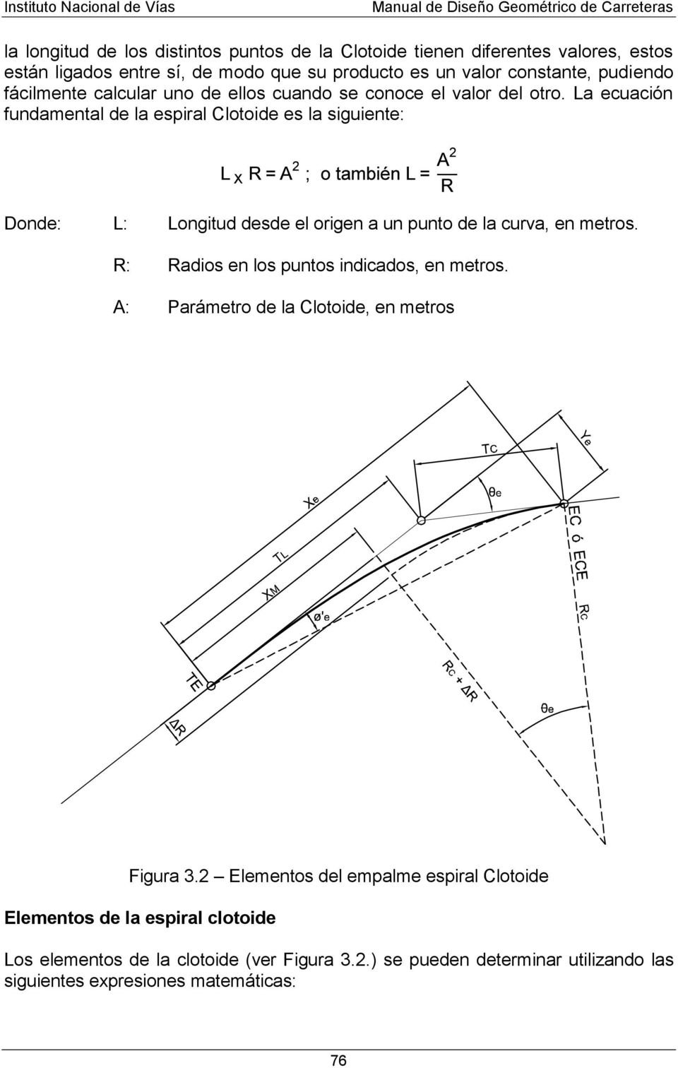 La ecuación fundamental de la espiral Clotoide es la siguiente: Donde: L: Longitud desde el origen a un punto de la curva, en metros. R: Radios en los puntos indicados, en metros.
