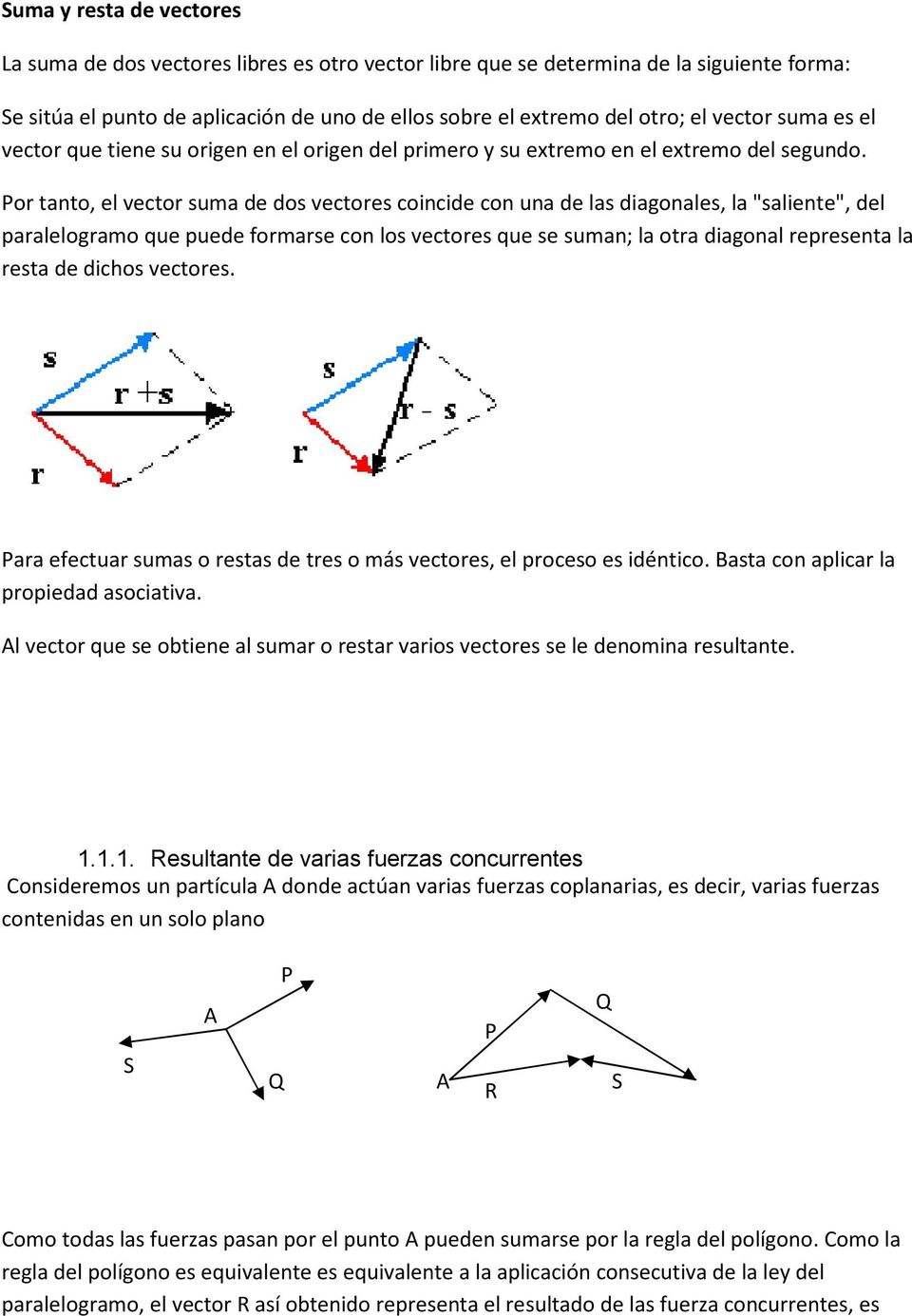 Por tanto, el vector suma de dos vectores coincide con una de las diagonales, la "saliente", del paralelogramo que puede formarse con los vectores que se suman; la otra diagonal representa la resta