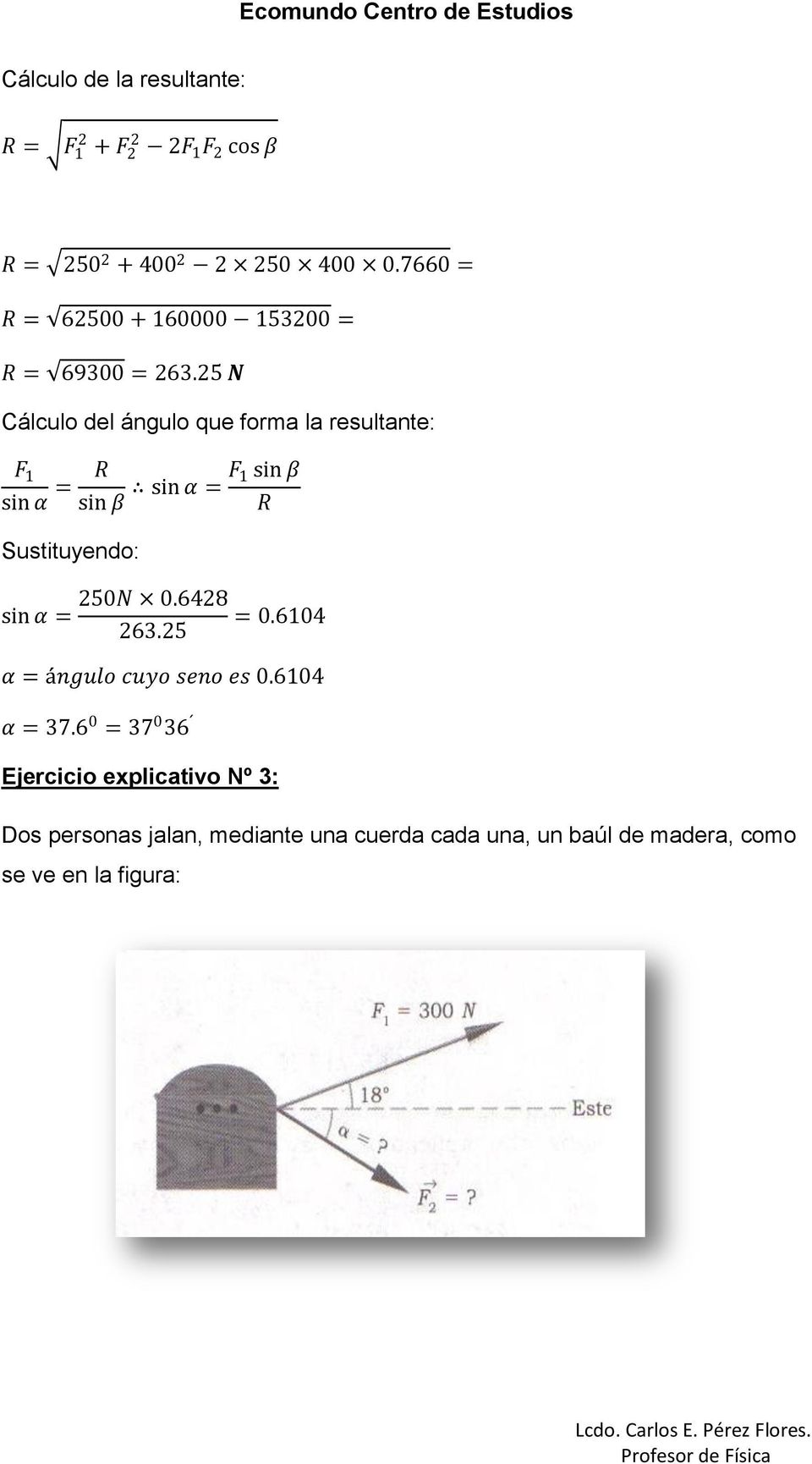 25 N Cálculo del ángulo que forma la resultante: F 1 sin α = R sin β sin α = F 1 sin β R sin α = 250N 0.