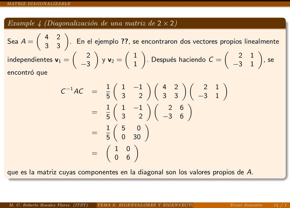 Después haciendo C =, se 3 encontró que ( C AC = 5 3 ( ( 4 3 3 ( 6 ( 3 = 5 3 ( 5 0 3 6 = 5 0 30 ( 0 = 0 6 que es