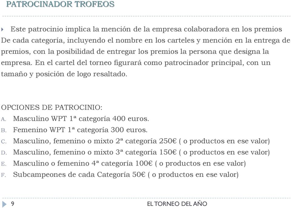 OPCIONES DE PATROCINIO: A. Masculino WPT 1ª categoría 400 euros. B. Femenino WPT 1ª categoría 300 euros. C. Masculino, femenino o mixto 2ª categoría 250 ( o productos en ese valor) D.