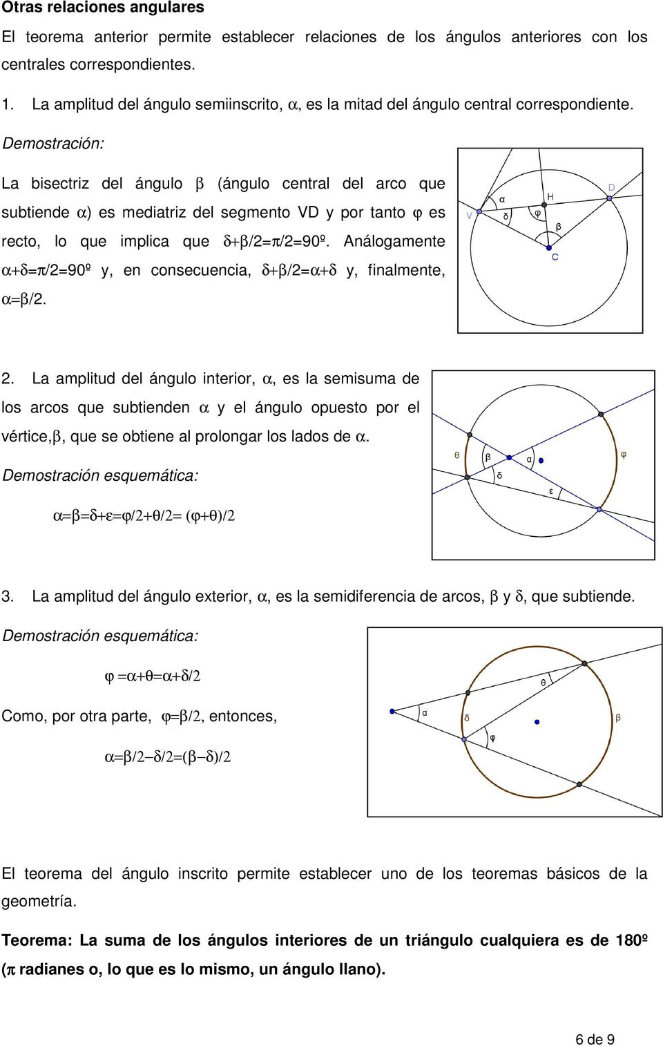 Demostración: La bisectriz del ángulo β (ángulo central del arco que subtiende α) es mediatriz del segmento VD y por tanto ϕ es recto, lo que implica que δ+β/2=π/2=90º.