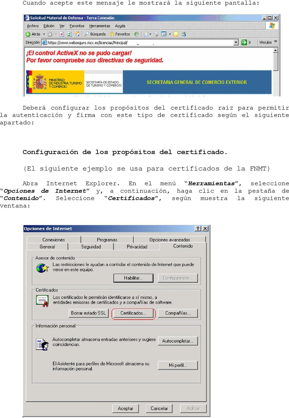 certificado. (El siguiente ejemplo se usa para certificados de la FNMT) Abra Internet Explorer.