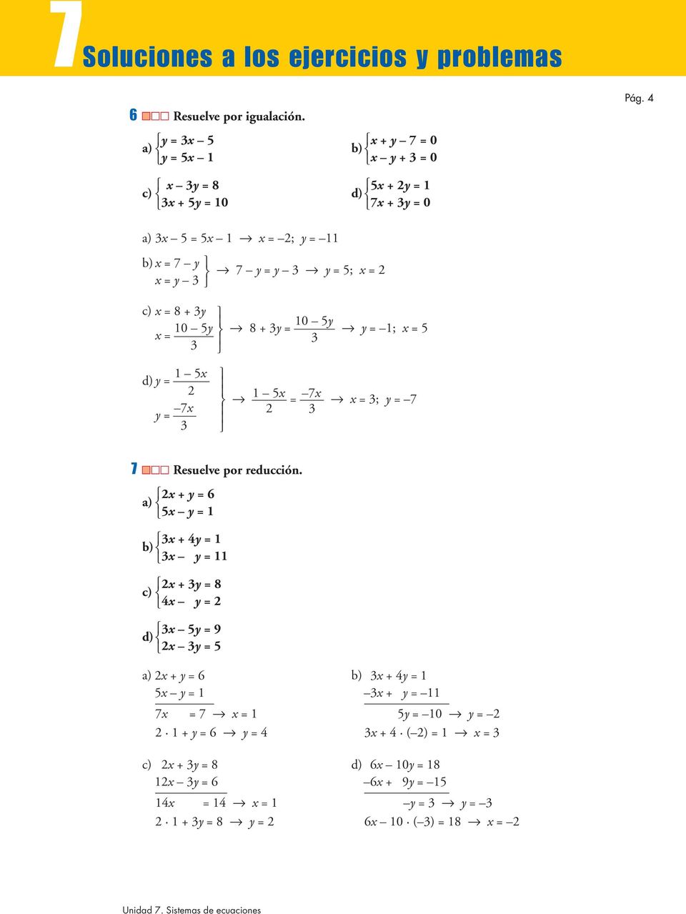 1 5x d) y = 2 7x y = 3 1 5x = 7x x = 3; y = 7 2 3 7 Resuelve por reducción.