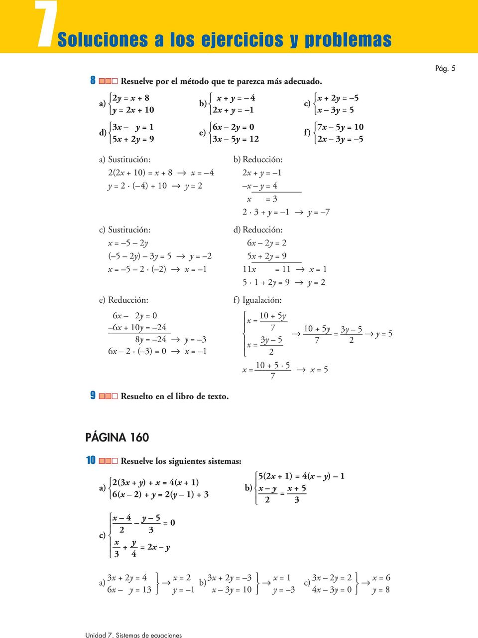 5 a) Sustitución: b) Reducción: 2(2x + 10) = x + x = 4 2x + y = 1 y = 2 ( 4) + 10 y = 2 x y = 4 x = 3 2 3 + y = 1 y = 7 c) Sustitución: d) Reducción: x = 5 2y 6x 2y = 2 ( 5 2y) 3y = 5 y = 2 5x + 2y =
