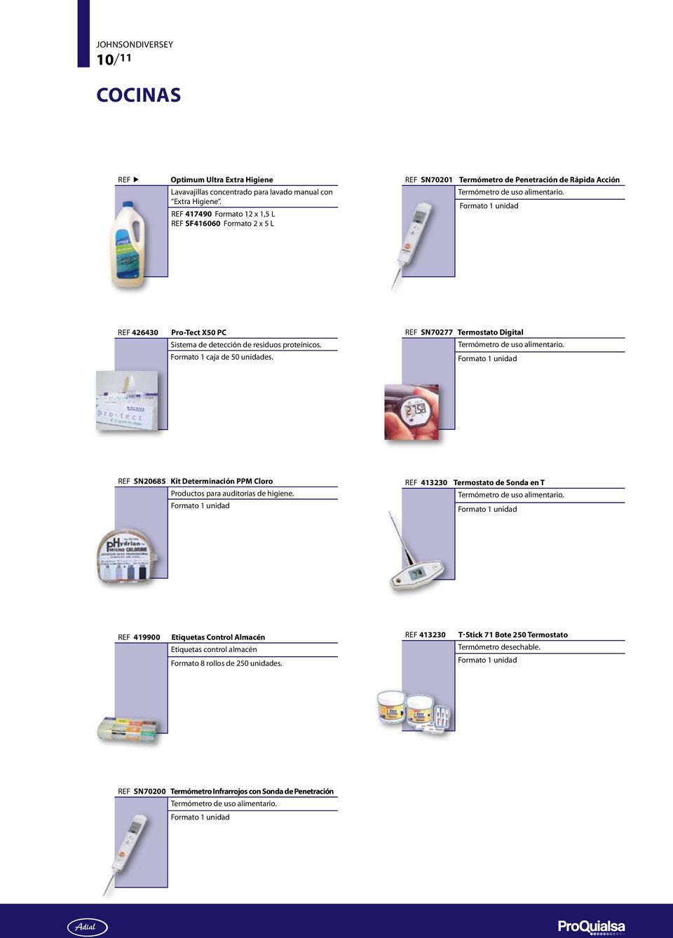 Formato 1 caja de 50 unidades. SN70277 Termostato Digital Termómetro de uso alimentario. SN20685 Kit Determinación PPM Cloro Productos para auditorias de higiene.