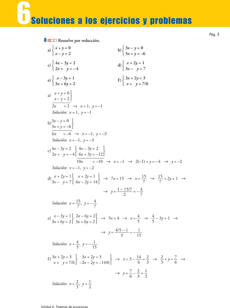 Solución: x =, y = 3 4x 3y = 4x 3y = c) x + y = 4 6x + 3y = 0x = 0 x = ( ) + y = 4 y = Solución: x =, y = x + y = x + y = d) 7x = 5 x = 5 5 +y = 3x y = 7 6x y = 4 7