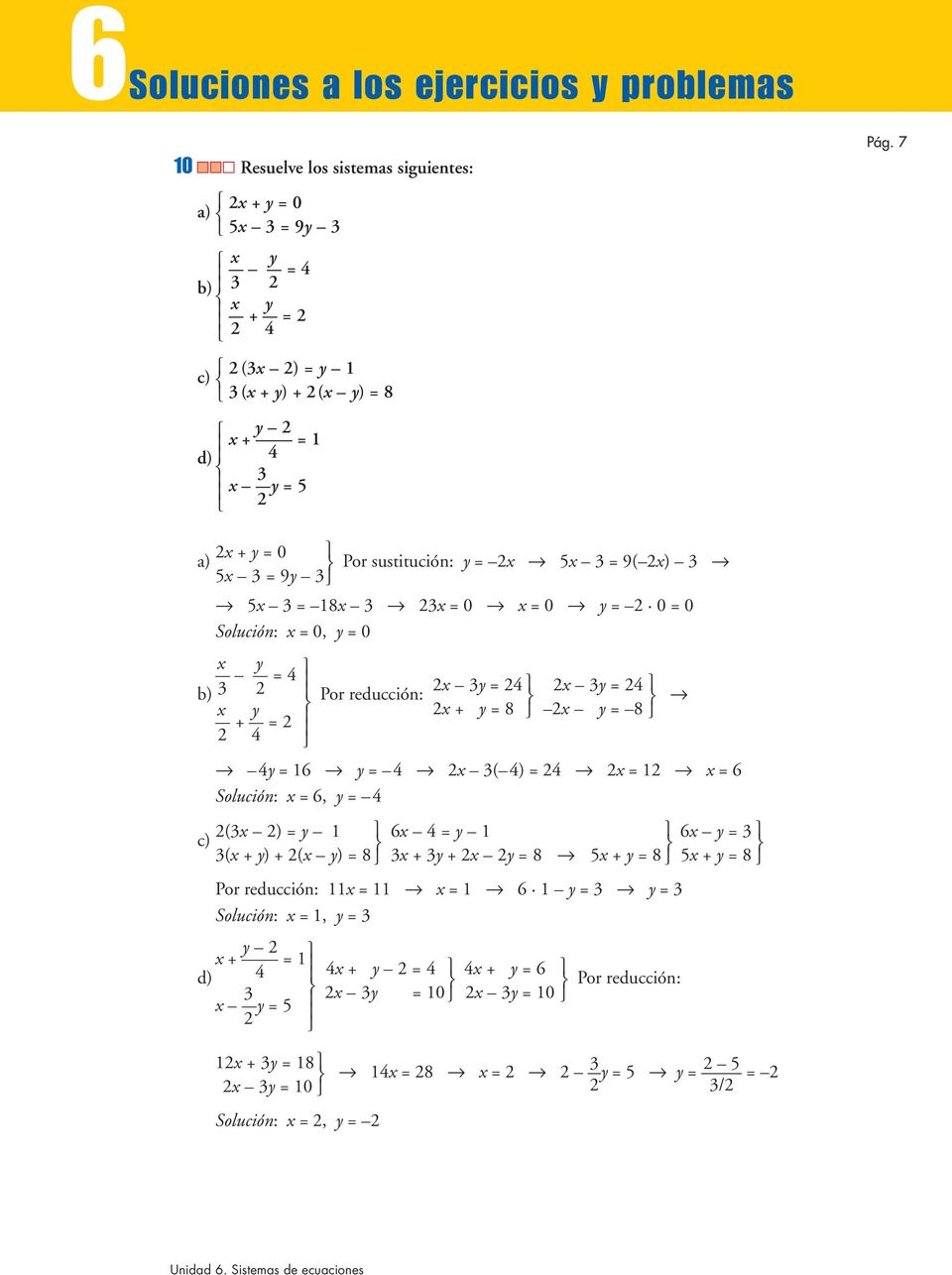 7 x + y = 0 a) Por sustitución: y = x 5x 3 = 9( x) 3 5x 3 = 9y 3 5x 3 = x 3 3x = 0 x = 0 y = 0 = 0 Solución: x = 0, y = 0 x y = 4 x 3y = 4 b) 3 x 3y = 4 Por reducción: x y x + y