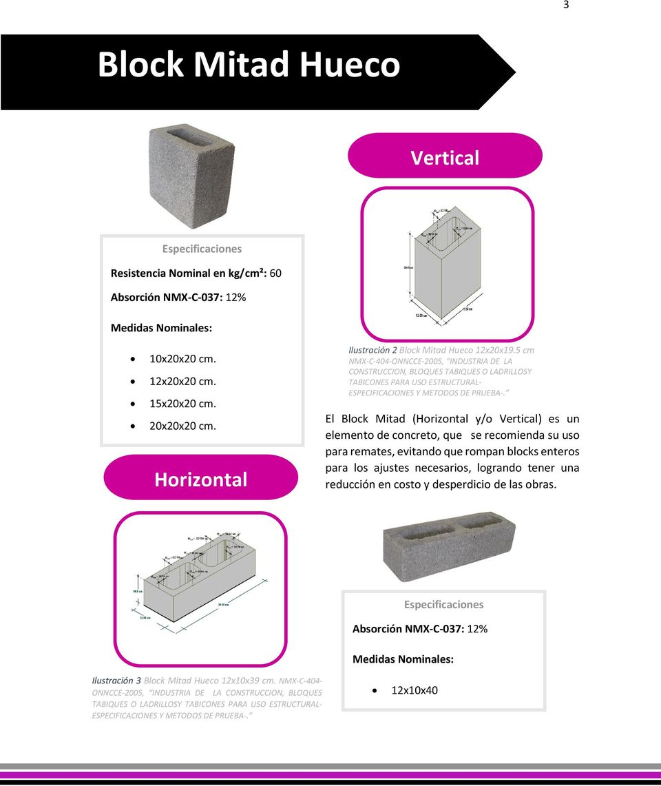El Block Mitad (Horizontal y/o Vertical) es un elemento de concreto, que se recomienda su uso para remates, evitando que rompan blocks enteros para los ajustes necesarios, logrando tener una