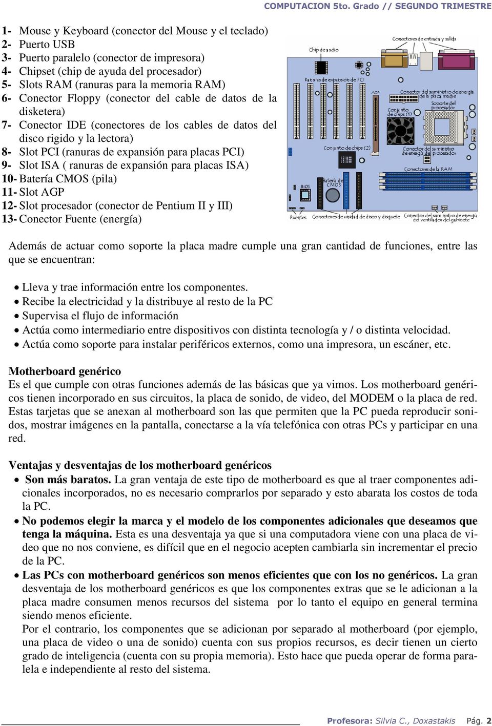 Slot ISA ( ranuras de expansión para placas ISA) 10- Batería CMOS (pila) 11- Slot AGP 12- Slot procesador (conector de Pentium II y III) 13- Conector Fuente (energía) COMPUTACION 5to.