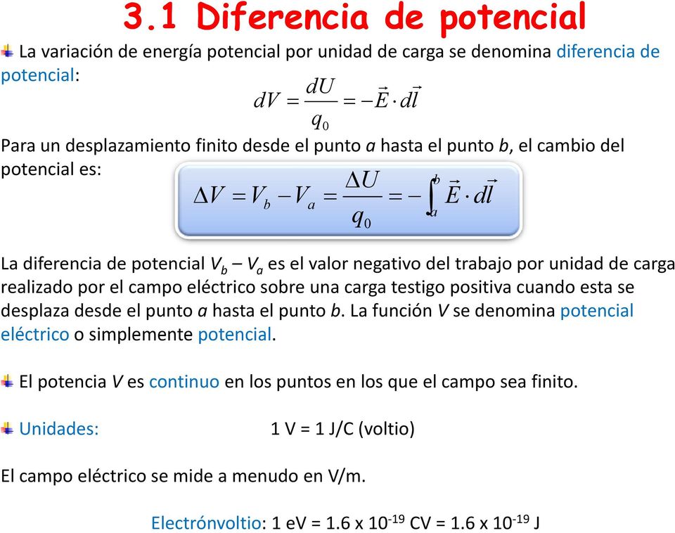 campo eléctrico sobre una carga testigo positiva cuando esta se desplaza desde el punto a hasta el punto b. La función se denomina potencial eléctrico o simplemente potencial.