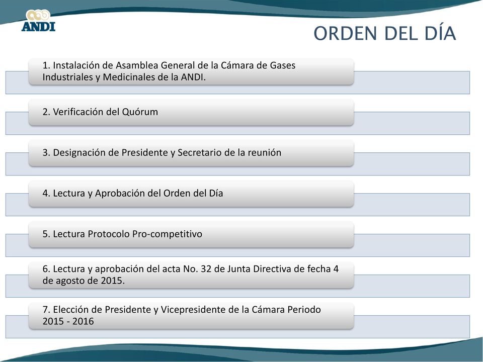 Lectura y Aprobación del Orden del Día 5. Lectura Protocolo Pro-competitivo 6.