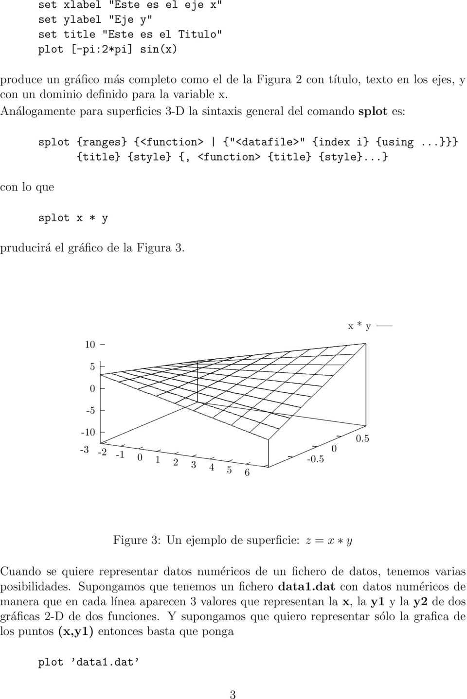 ..}}} {title} {style} {, <function> {title} {style}...} splot x * y pruducirá el gráfico de la Figura 3. x * y - - -3-2 - 2 3 4 6 -.