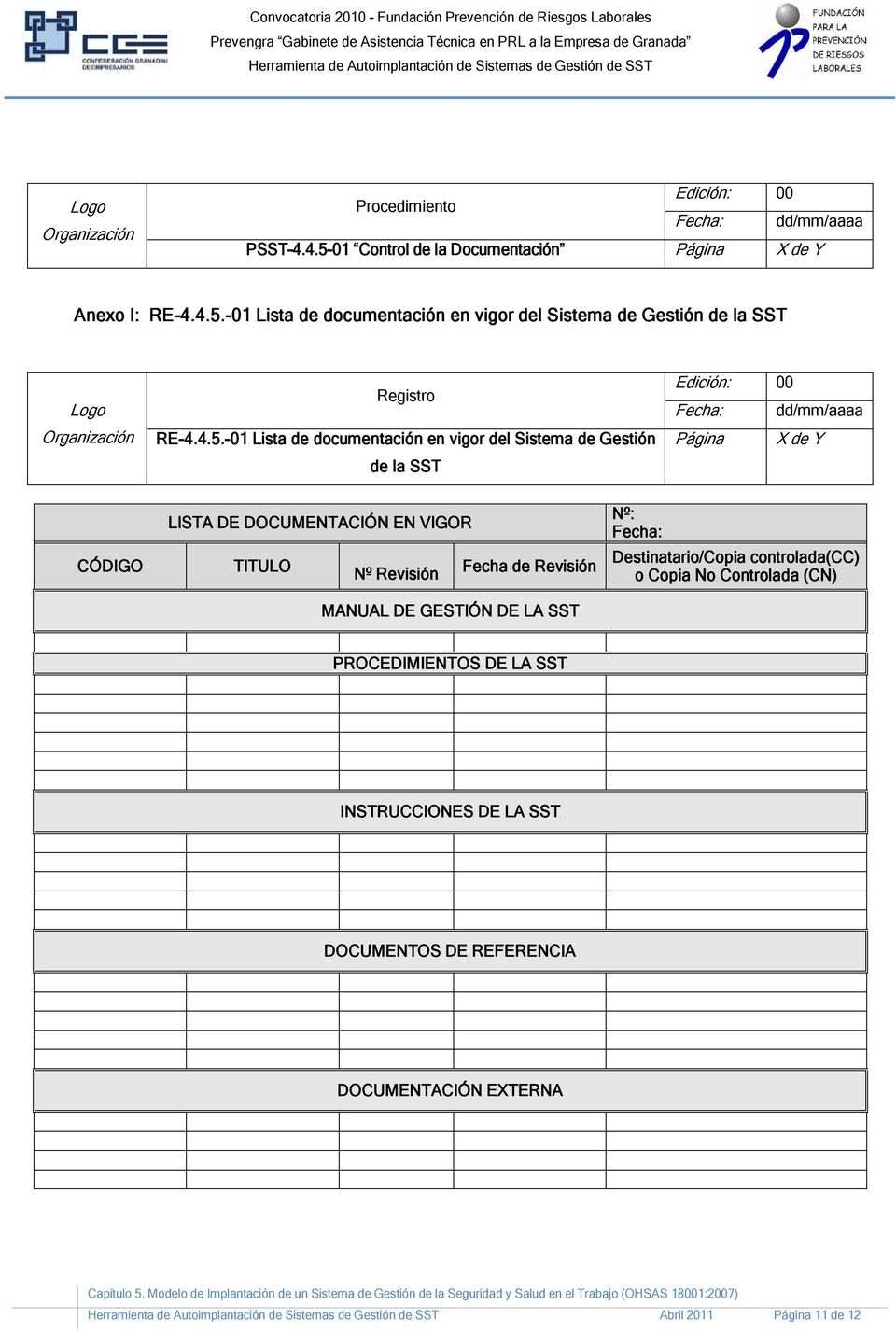 01 Lista de documentación en vigor del Sistema de Gestión de la SST Página X de Y CÓDIGO LISTA DE DOCUMENTACIÓN EN VIGOR