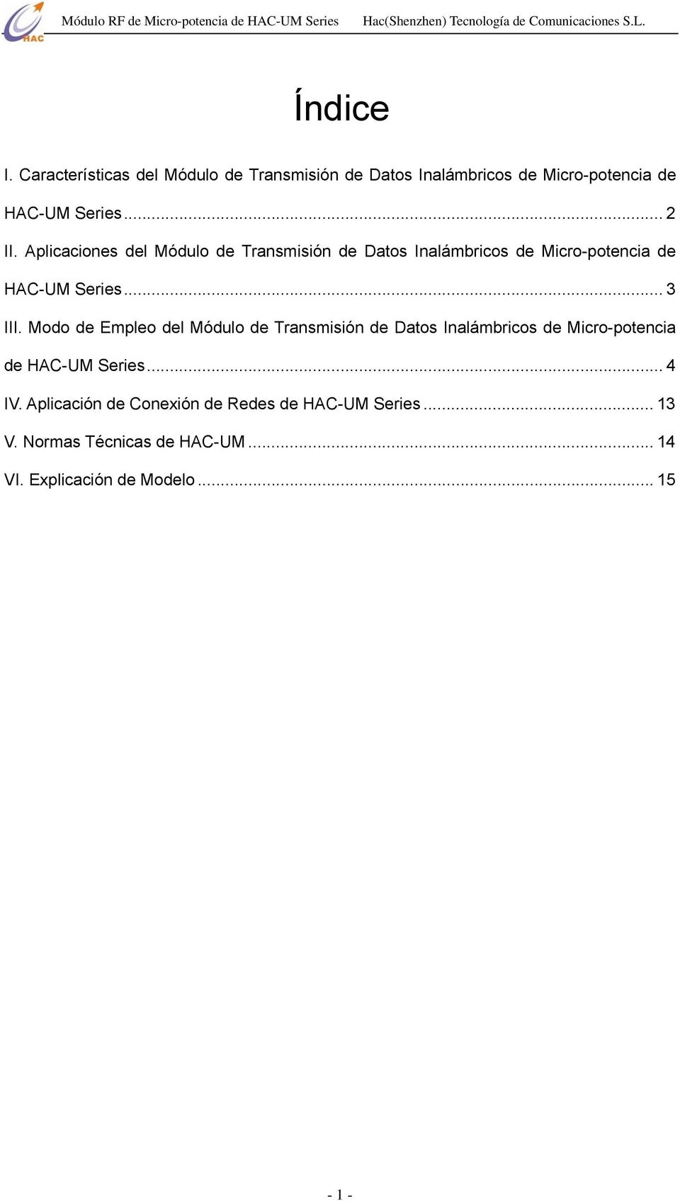 Modo de Empleo del Módulo de Transmisión de Datos Inalámbricos de Micro-potencia de HAC-UM Series...4 IV.