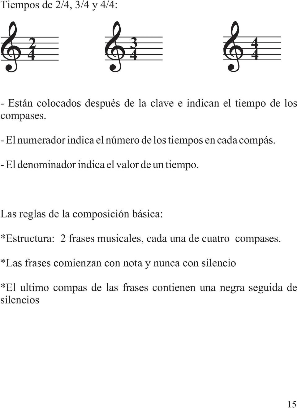 Las reglas de la composición básica: *Estructura: 2 frases musicales, cada una de cuatro compases.