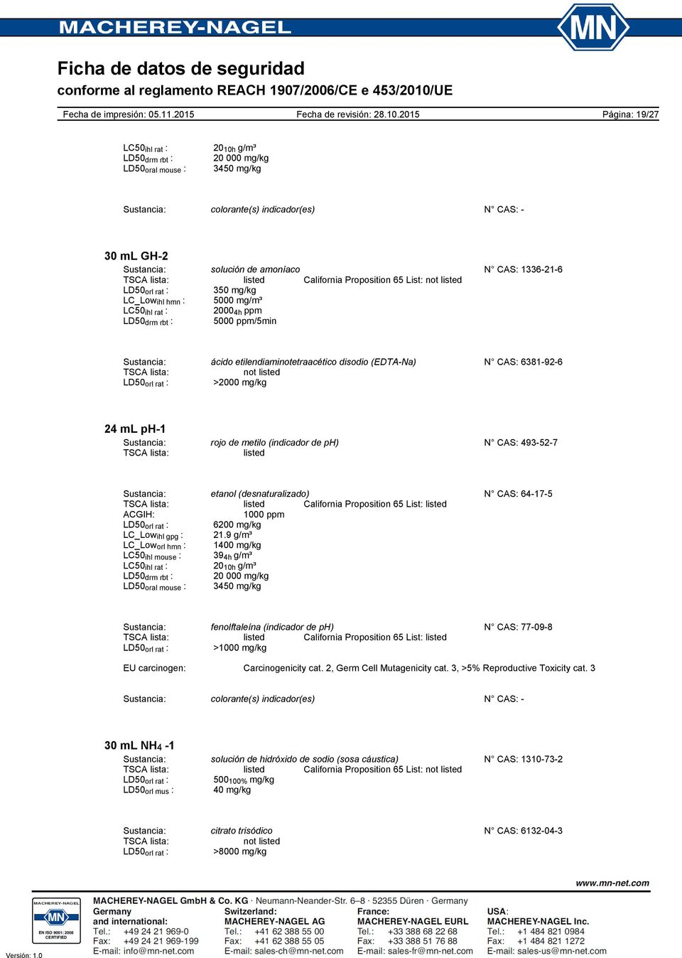 disodio (EDTANa) N CAS: 6381926 TSCA lista: not listed LD50 orl rat : >2000 mg/kg 24 ml ph1 Sustancia: rojo de metilo (indicador de ph) N CAS: 493527 TSCA lista: listed Sustancia: etanol