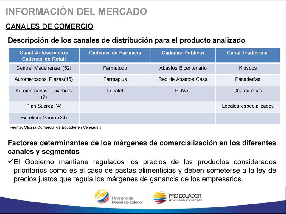 especializados Excelsior Gama (24) Fuente: Oficina Comercial de Ecuador en Venezuela Factores determinantes de los márgenes de comercialización en los diferentes canales y segmentos El Gobierno