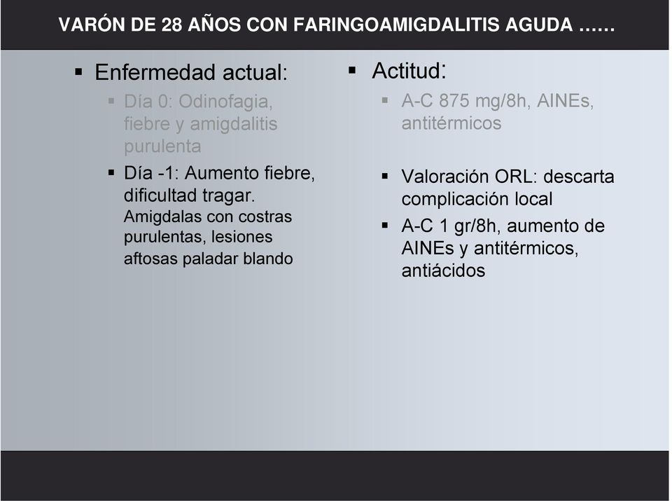 Amigdalas con costras purulentas, lesiones aftosas paladar blando Actitud: A-C