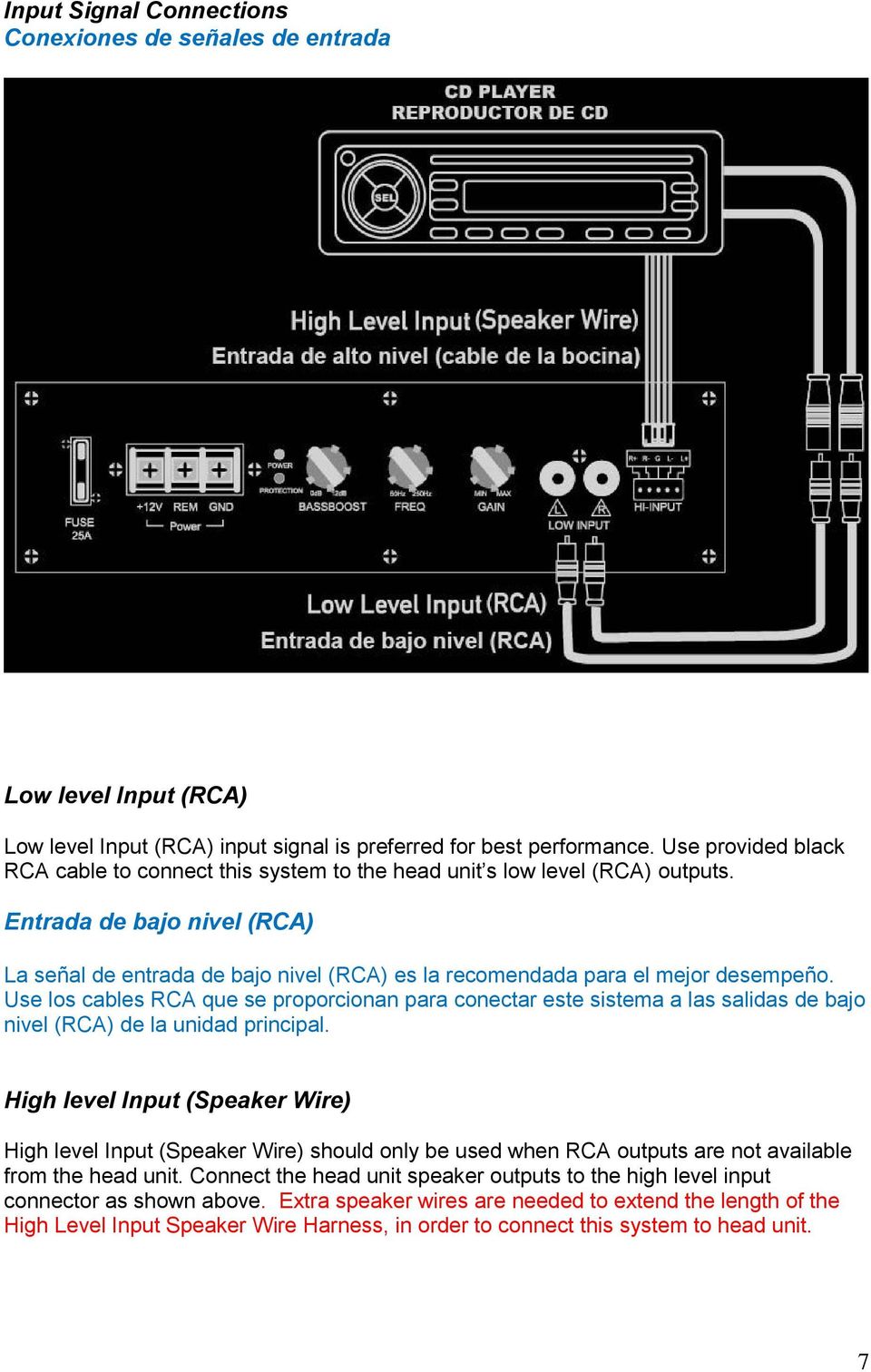 Entrada de bajo nivel (RCA) La señal de entrada de bajo nivel (RCA) es la recomendada para el mejor desempeño.
