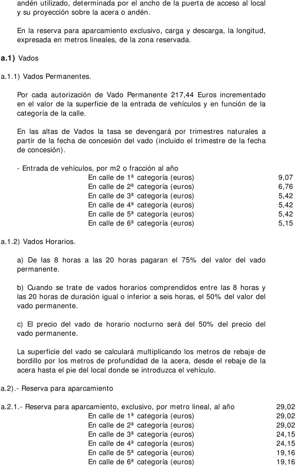 Por cada autorización de Vado Permanente 217,44 Euros incrementado en el valor de la superficie de la entrada de vehículos y en función de la categoría de la calle.