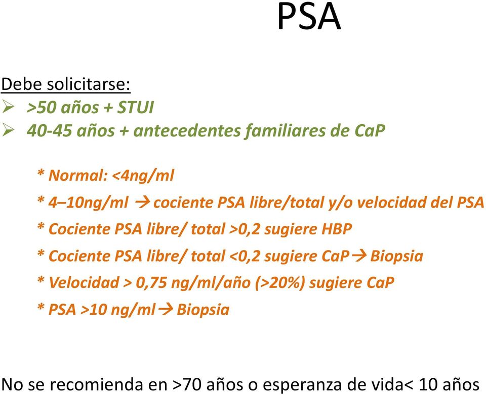 >0,2 sugiere HBP * Cociente PSA libre/ total <0,2 sugiere CaP Biopsia * Velocidad > 0,75