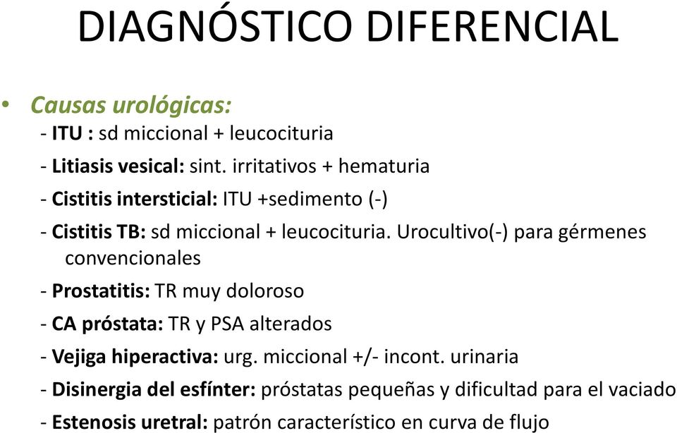 Urocultivo(-) para gérmenes convencionales - Prostatitis: TR muy doloroso -CA próstata:tr y PSA alterados - Vejiga hiperactiva: