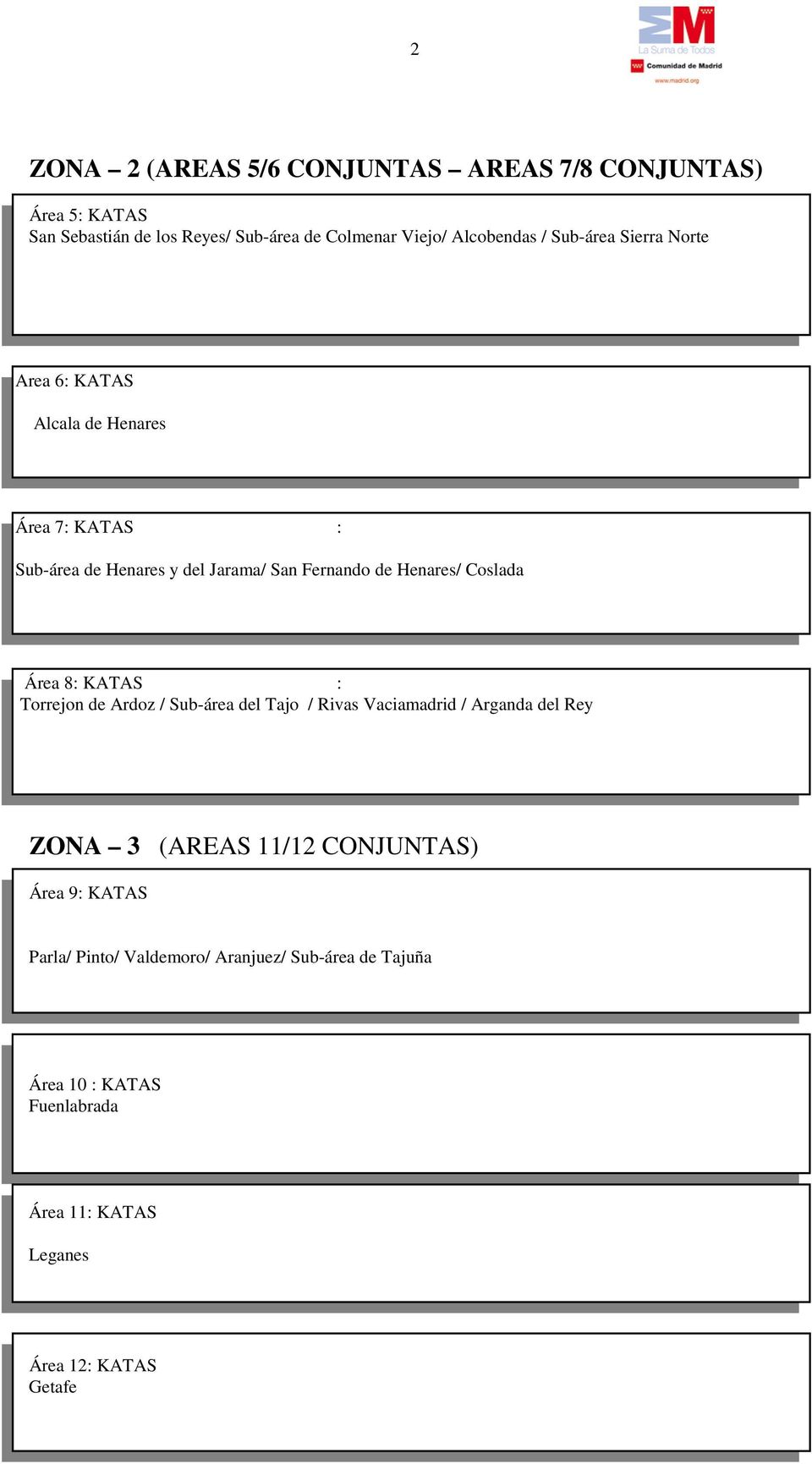Coslada Área 8: KATAS : Torrejon de Ardoz / Sub-área del Tajo / Rivas Vaciamadrid / Arganda del Rey ZONA 3 (AREAS 11/12 CONJUNTAS)