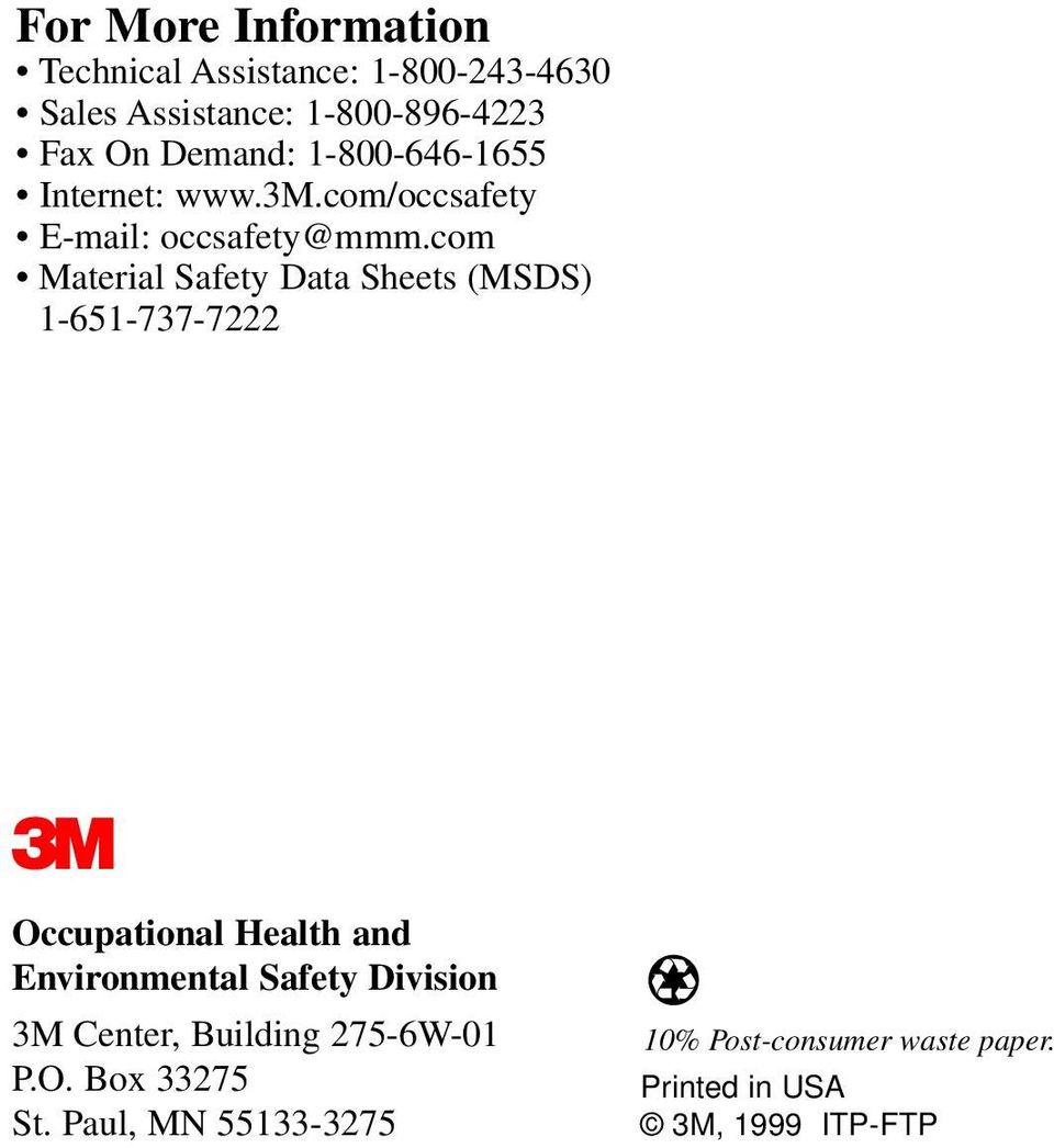 com Material Safety Data Sheets (MSDS) 1-651-737-7222 3 Occupational Health and Environmental Safety