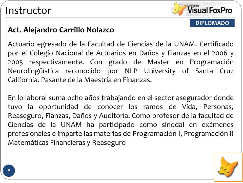 Con grado de Master en Programación Neurolingüística reconocido por NLP University of Santa Cruz California. Pasante de la Maestría en Finanzas.