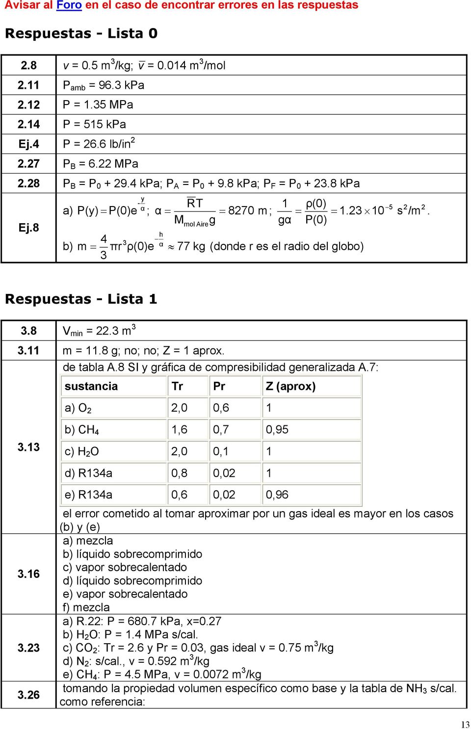 P(0) 3 b) m = πr ρ(0)e 77 kg (donde r es el radio del globo) 3 Respuestas - Lista 1 3.8 V min = 22.3 m 3 3.11 m = 11.8 g; no; no; Z = 1 aprox. de tabla A.
