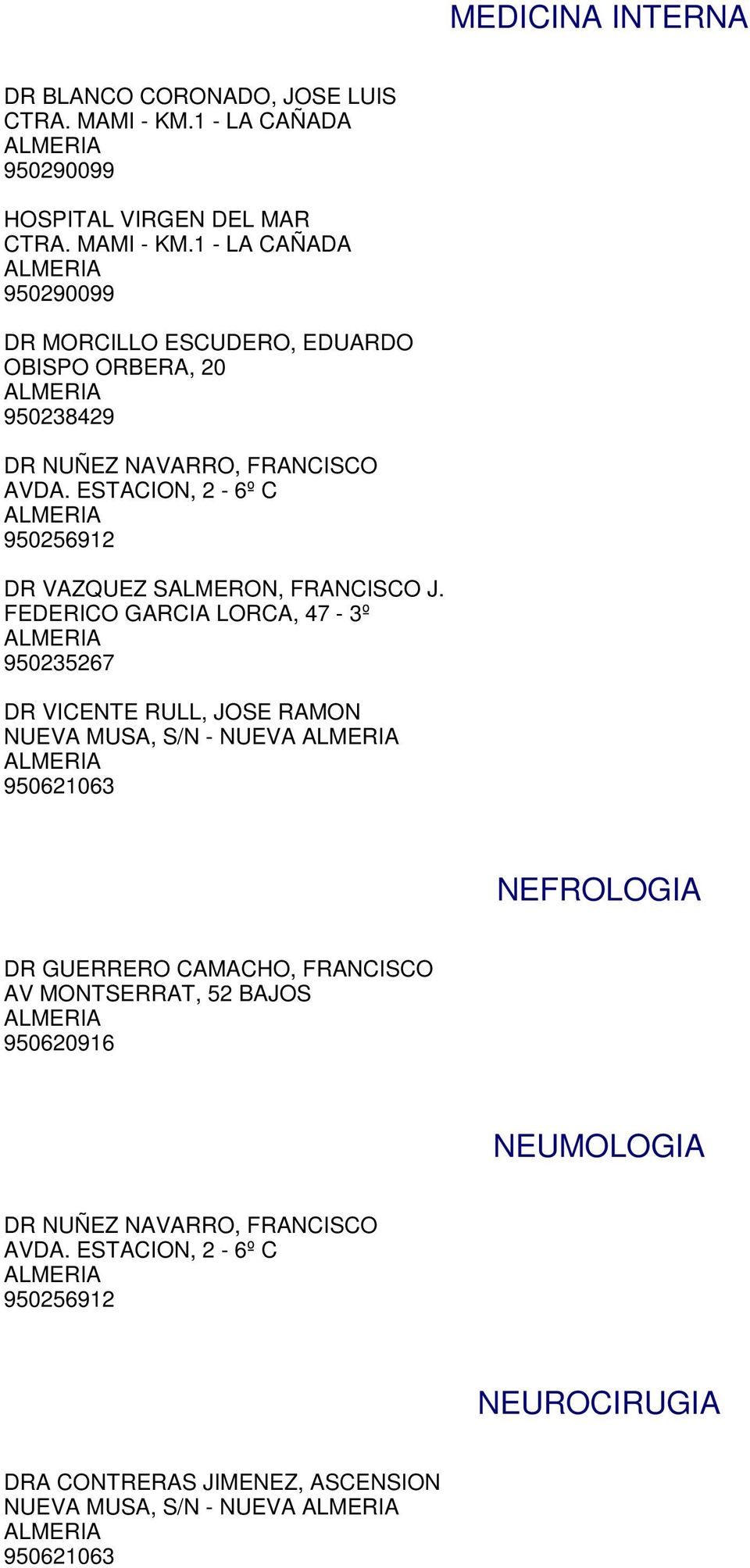 1 - LA CAÑADA 950290099 DR MORCILLO ESCUDERO, EDUARDO OBISPO ORBERA, 20 950238429 DR NUÑEZ NAVARRO, FRANCISCO AVDA.