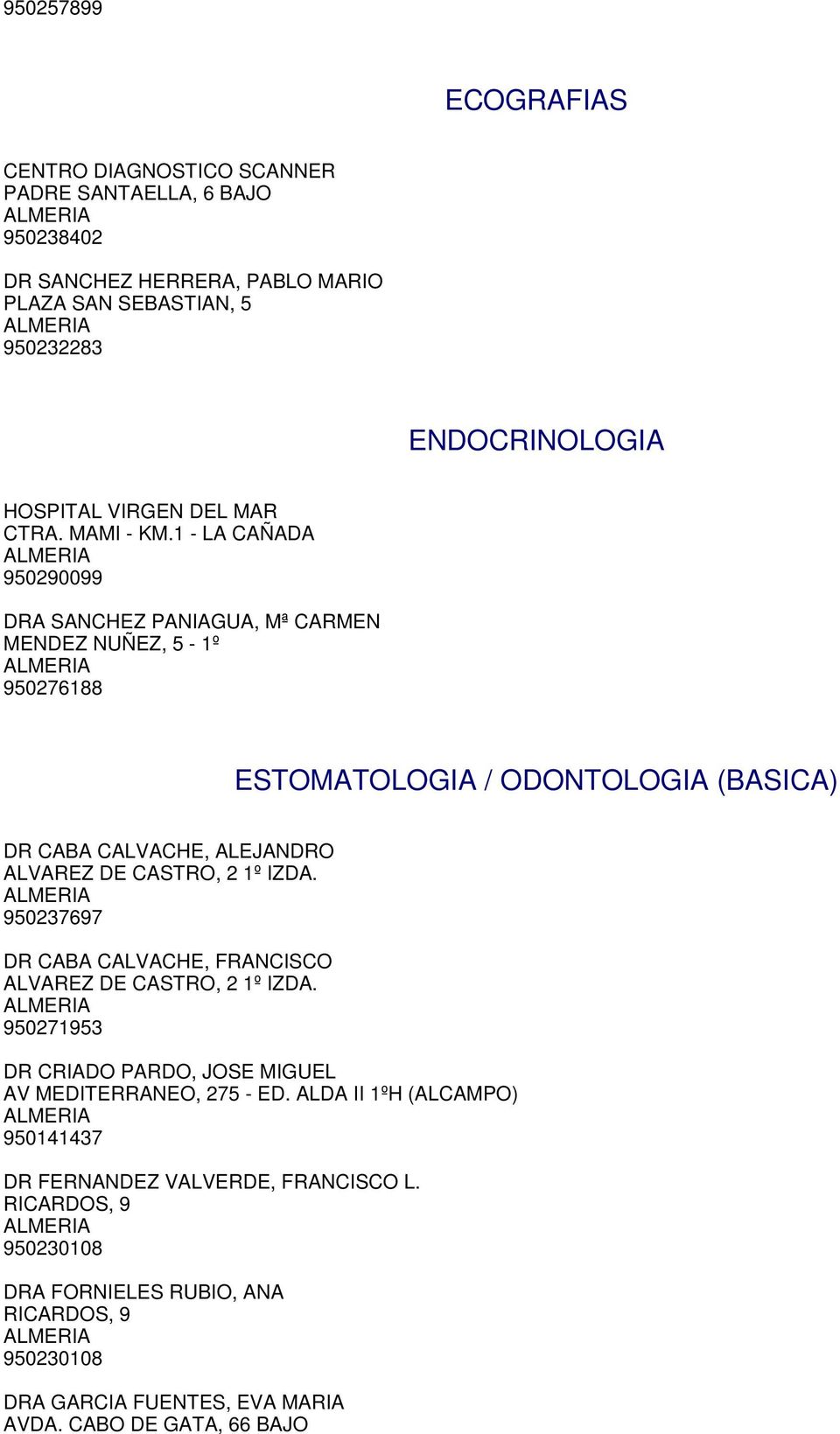 1 - LA CAÑADA 950290099 DRA SANCHEZ PANIAGUA, Mª CARMEN MENDEZ NUÑEZ, 5-1º 950276188 ESTOMATOLOGIA / ODONTOLOGIA (BASICA) DR CABA CALVACHE, ALEJANDRO ALVAREZ DE CASTRO, 2 1º