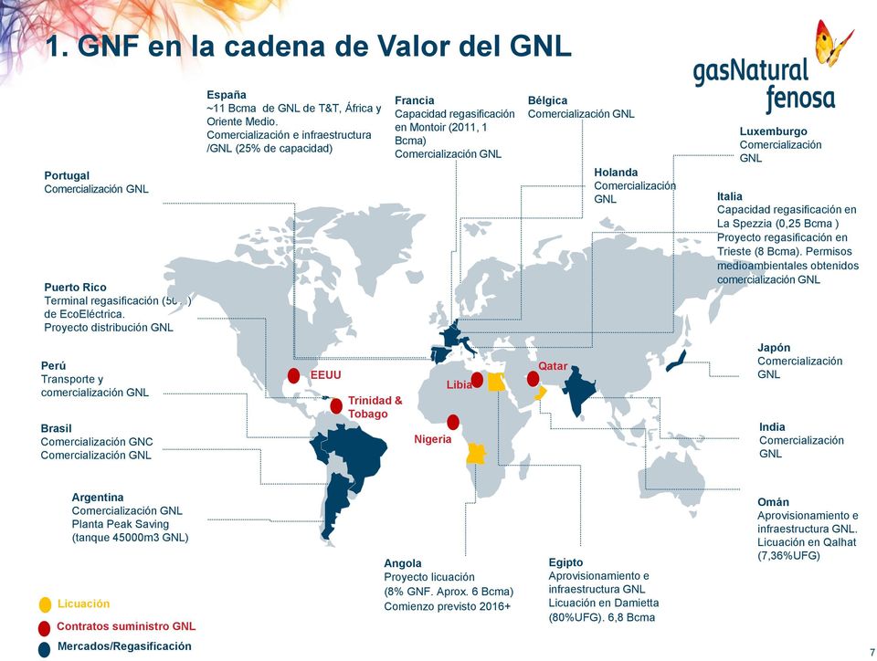 Comercialización e infraestructura /GNL (25% de capacidad) Francia Capacidad regasificación en Montoir (2011, 1 Bcma) Comercialización GNL Bélgica Comercialización GNL Holanda Comercialización GNL