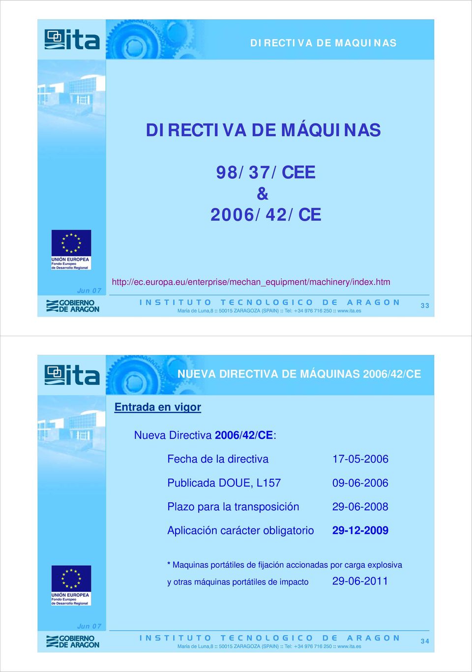 htm 33 NUEVA DIRECTIVA DE MÁQUINAS 2006/42/CE Entrada en vigor Nueva Directiva 2006/42/CE: Fecha de la directiva
